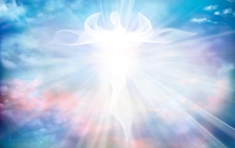 Archangel. Heavenly angelic spirit with wings. Illustration abstract white angel. Belief. Afterlife. Spiritual Angel. Blessing. Sky clouds with bright light rays